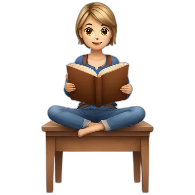 european girl seats with a book emoji