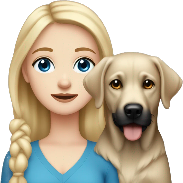 White skinned girl with medium length blonde hair and blue eyes with a black lab dog with a little bit of brown in his fur emoji