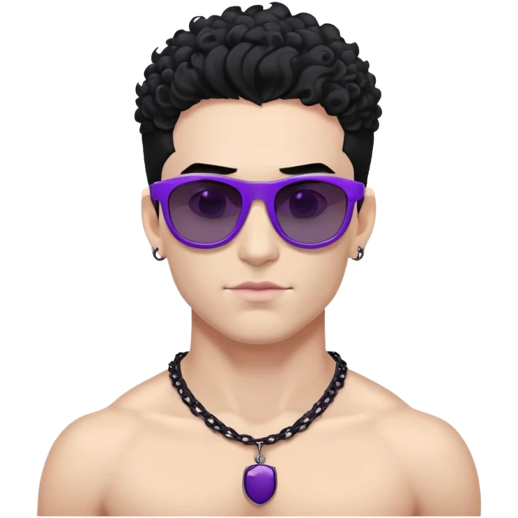 shirtless male athlete with white skin and moderately curly black hair on top with shaved sides, wearing purple sunglasses with very dark heavily tinted black lenses, and a simple plain black chain necklace, no earrings or other jewelry emoji