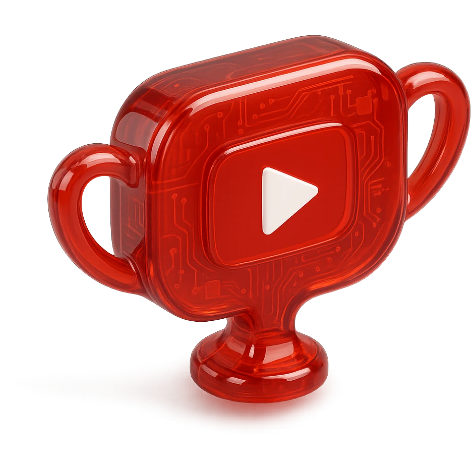 red speech bubble with YouTube play button and trophy handles, glossy circuit style emoji