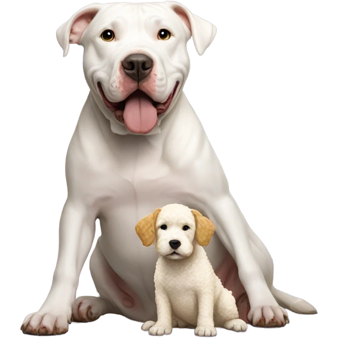 White pitbull that is huge with tiny golden doodle emoji