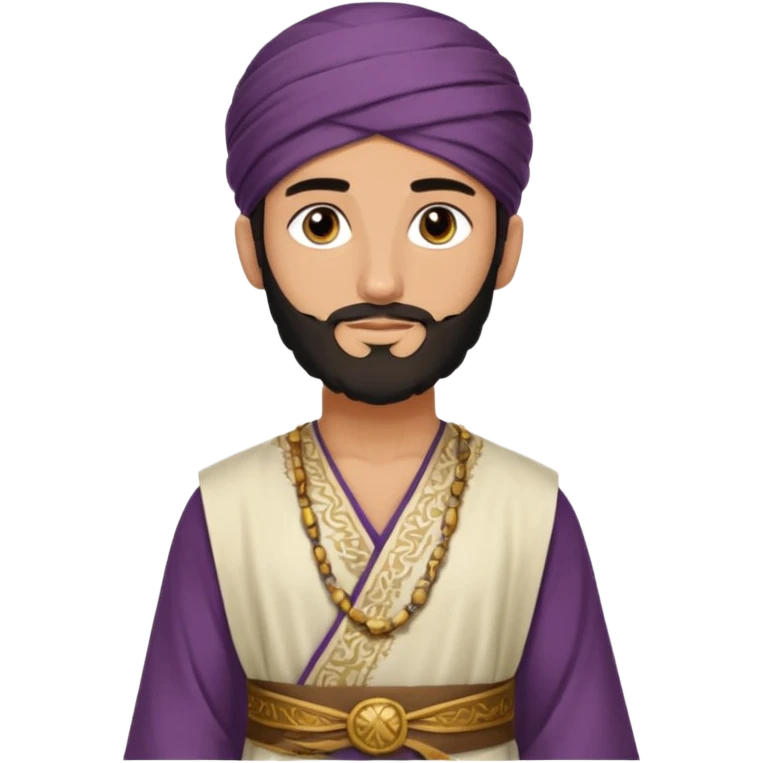 
-Apariencia: Joven de unos 25-30 años, atractivo,.
-Rostro: Ojos oscuros, piel ligeramente morena, rasgos árabes finos.
-Cabello: Negro, algo rizado o suelto, con barba fina.
-cuerpo entero  puede llevar una túnica más oriental, con faja y turbante sencillo con sandalias emoji