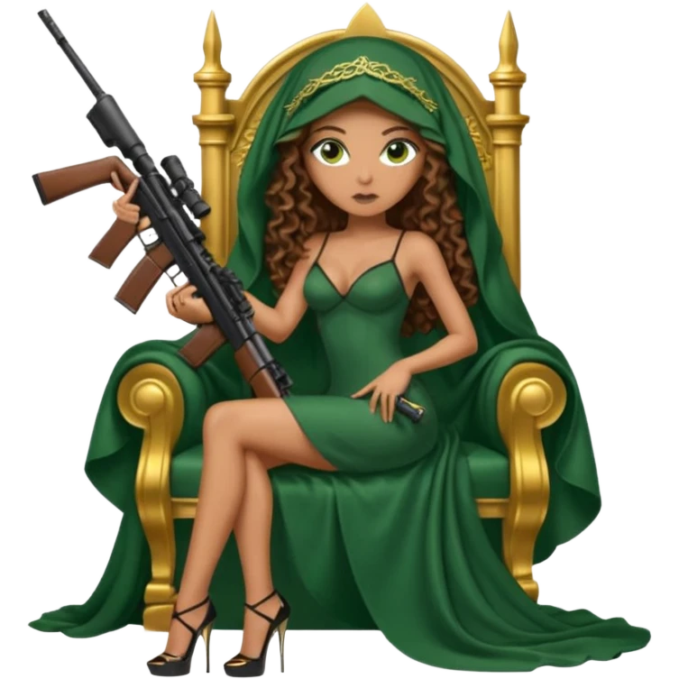 Drug dealer female green eyes symbol.  hair is brown curly long hair. sexy long with long dress and face veil on that covers her mouth only. black stiletto platform high heels shoes on. Holding sniper rifle sitting on a gold throne. emoji