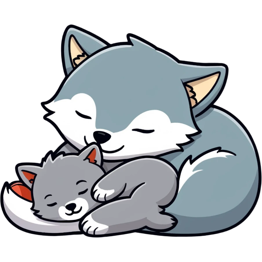cute baby wolf sleeping with a little wolf stuffed animal emoji
