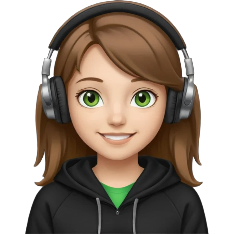 a girl with brown hair blonde ends green and wearing black headphones baggy hoddie she is happy  emoji