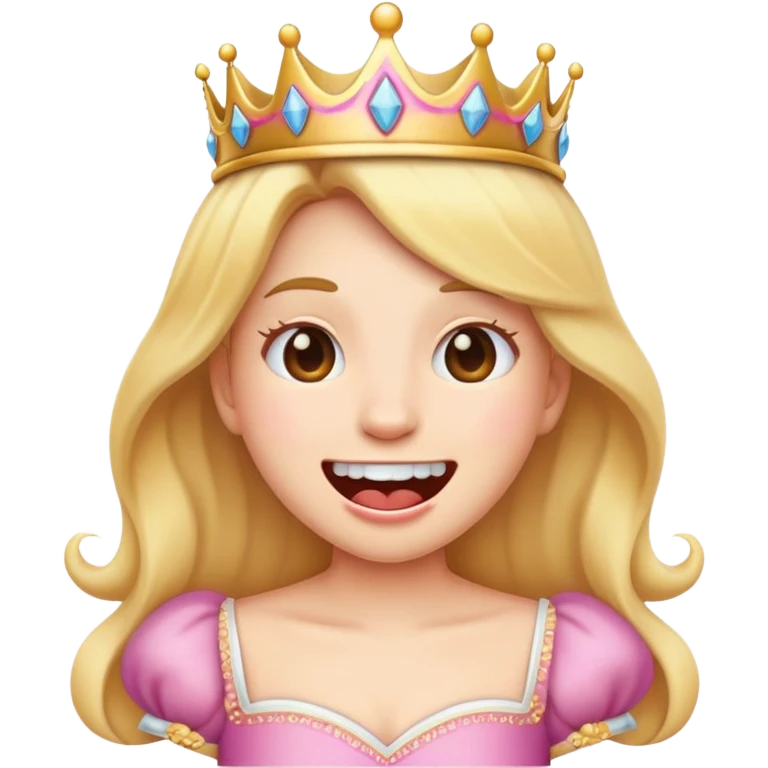 Tired emoji but smiling with mouth open and 1 tooth wearing a princess outfit  emoji