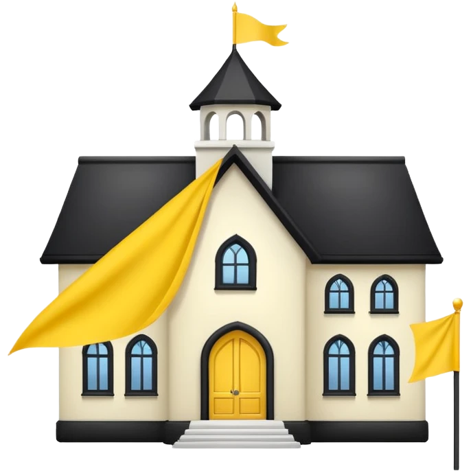 simple magic school, white background, magic school, black roof, with a big flag, big flag on a roof, big yellow flag, white school emoji