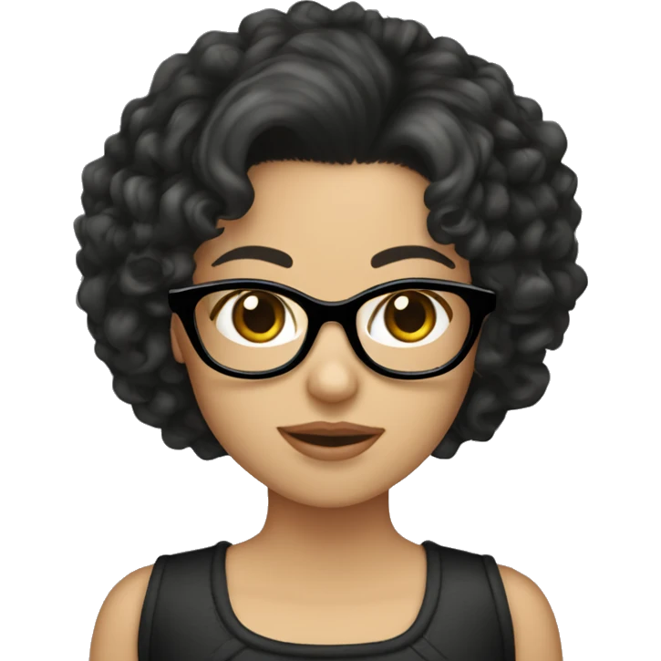 A White girl with medium length curly black hair and glasses holding a Yorkie  emoji
