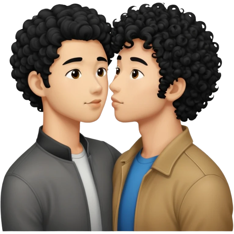 make a imagine of a guy with really curly hair kissing a asian guy with curly hair emoji