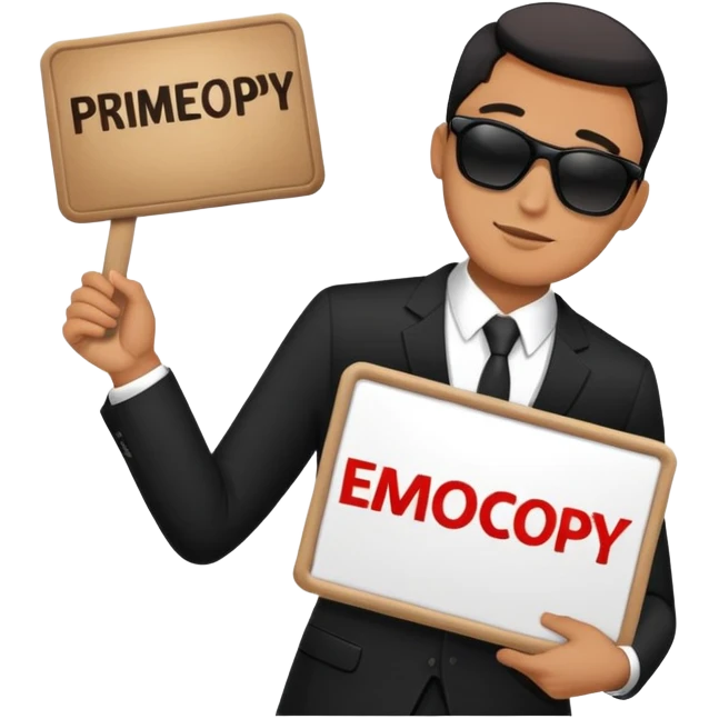 A man in a black suit and black sunglasses holds a sign that says PrimeCopy emoji