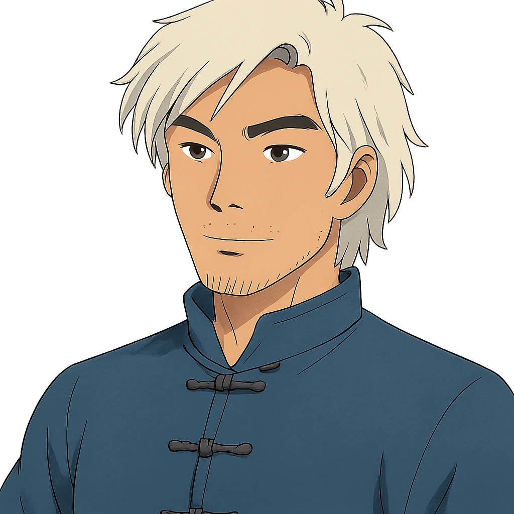 white haired handsome Chinese man in ghibli style, detailed and expressive emoji