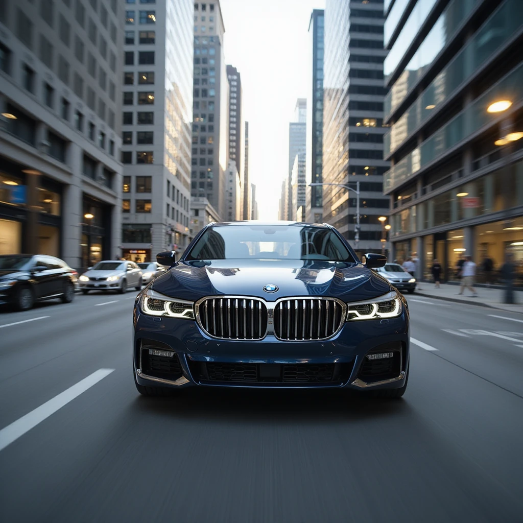 BMW Series 7 2022 driving through a cityscape, realistic lighting and reflections, photorealistic style emoji