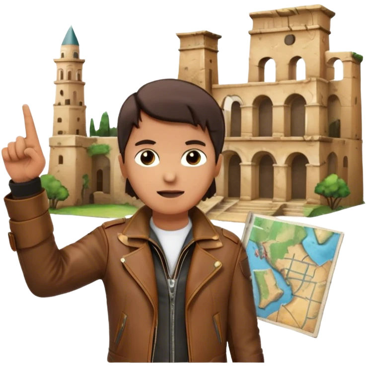 Icon for Documentary Film (TV style): A traveler pointing backward and narrating in front of ancient ruins. Include elements like historical landmarks, maps, and exploration tools to evoke a sense of adventure. Transparent background. emoji
