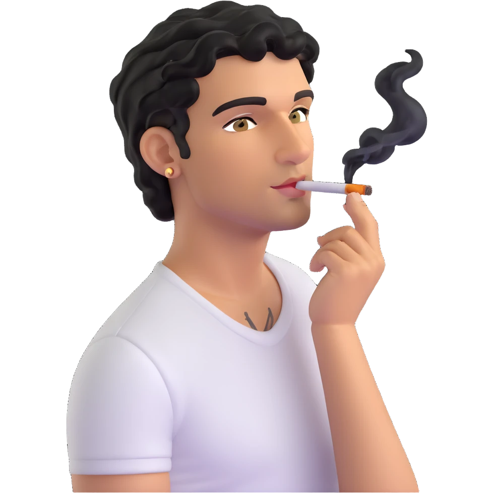 Italian man with tanned skin, curly black hair in short bob style, stubble, olive eyes, gold earring in left ear, white t-shirt, black tattoo on forearm, smoking cigarette emoji