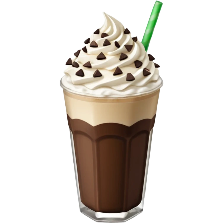 Vaso de vidrio con Frappé color café, crema en la parte superior con popote verde insertado en la crema, agregar encima de la crema chispas de chocolate. Colocar arriba de la crema insertada una galleta tipo oreo. emoji