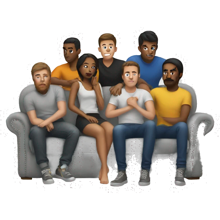 Girl on a couch surrounded by 6 guys emoji