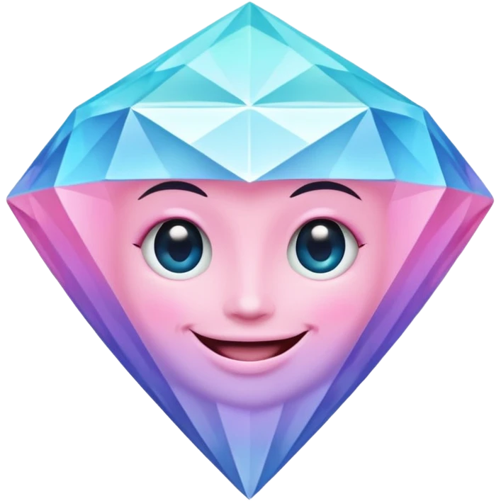 A cheerful diamond logo with a black outline and a smiling face, set against a pastel gradient of pink, blue, and lavender. Smaller diamonds surround it, forming a larger diamond pattern. Playful yet sleek, perfect for branding, digital media, emoji