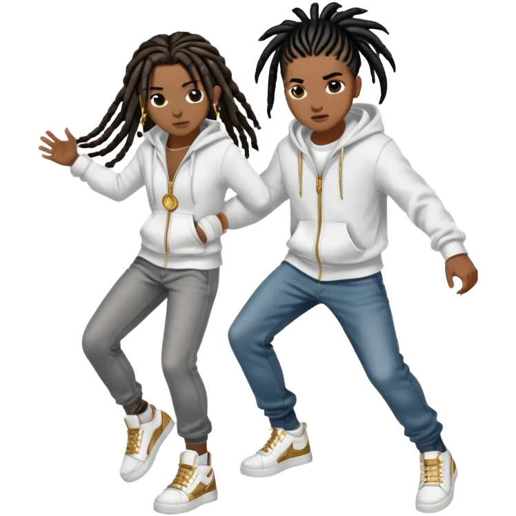 brownskin boy with black  dreads wearing white hoodie with grey jeans and white shoes and a gold circle chain fighting darkskin girl with 8 long black french braids with brown highlights wearing black zip up and black jeans with black and white shoes. the boy is winning emoji