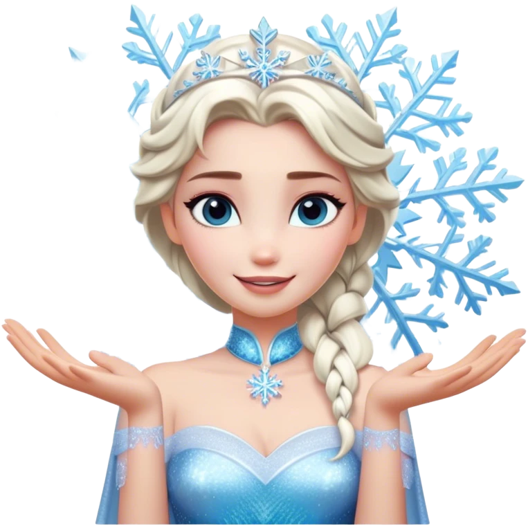 Cinematic Elegant Elsa Portrait Emoji, Standing gracefully with snowflakes forming in her hands, a soft yet confident smile, frosty shimmer surrounding her, a queen in perfect icy splendor! emoji