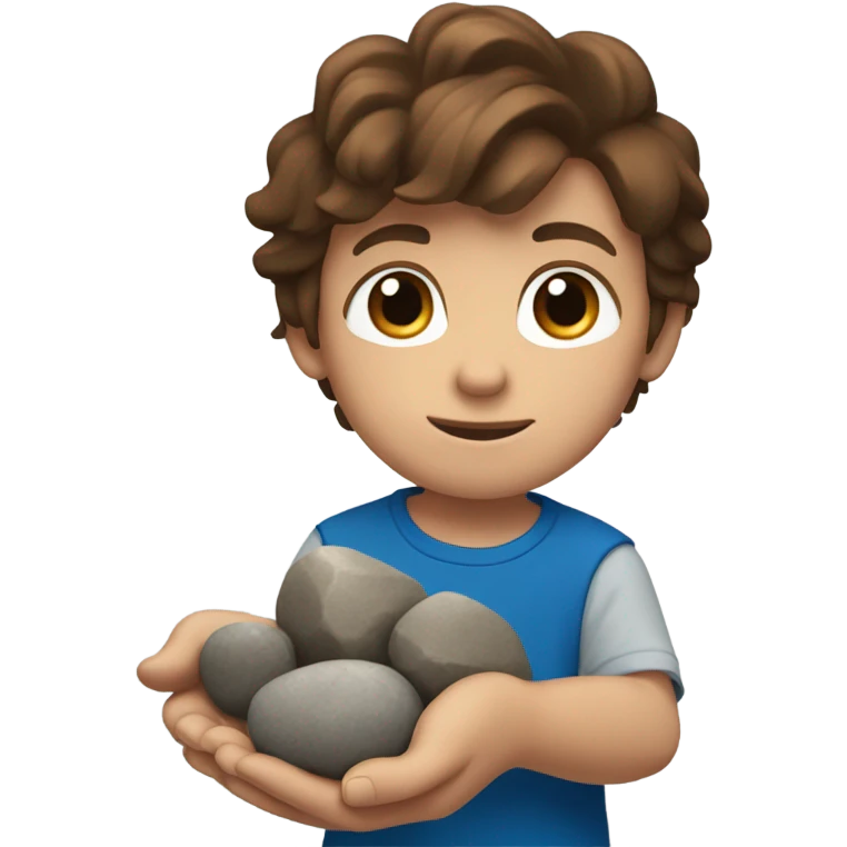 boy with brown hair and blue eyes. holding rocks emoji