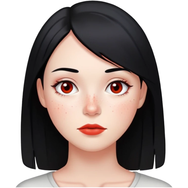 young woman with straight black hair, minimal makeup, and scattered red freckles emoji