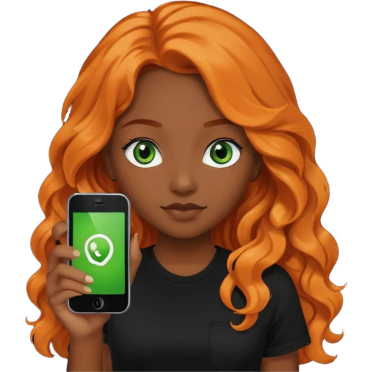 Girl with dark long orange wavy hair, green eyes, and black t-shirt and phone with black  app on hand emoji