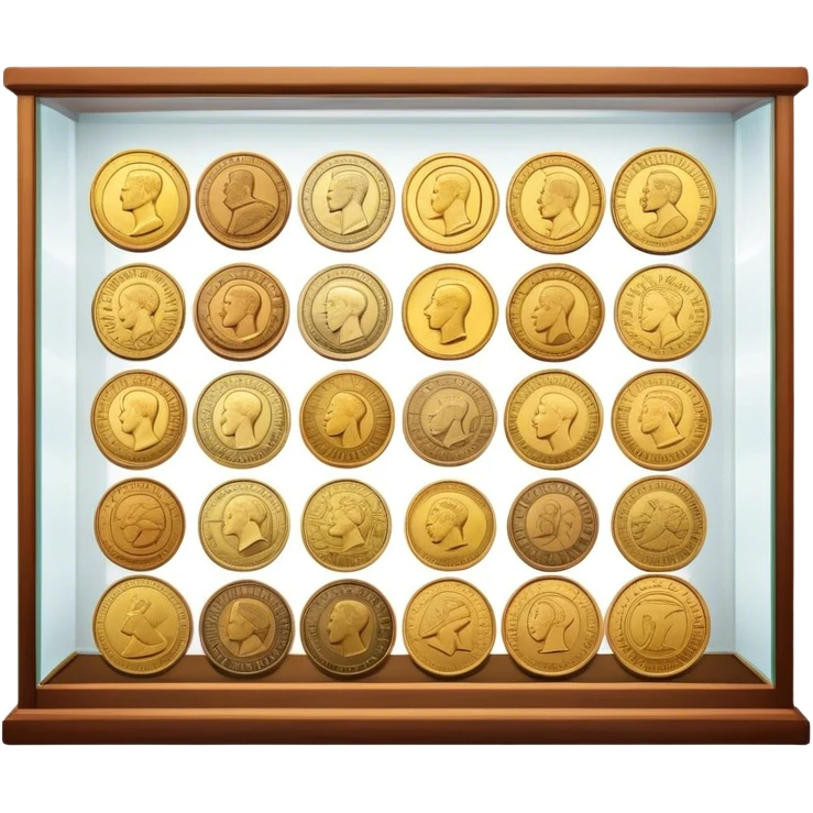 Icon for Coin Collecting: a collection of different vintage and modern coins of various forms and size, neatly arranged in a display case or on a table. The icon should highlight the diversity and historical value of coin collecting. Transparent background. emoji