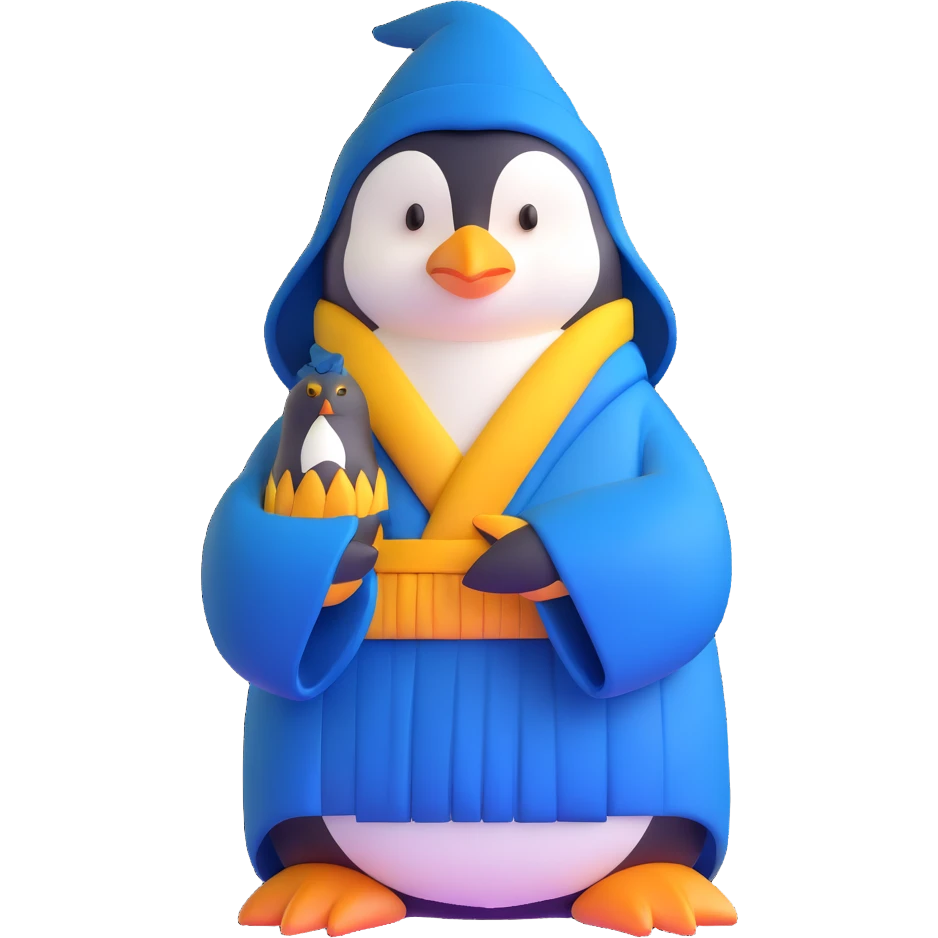 A penguin wizard with a serious expression, wearing a dark blue robe, hands clasped together emoji