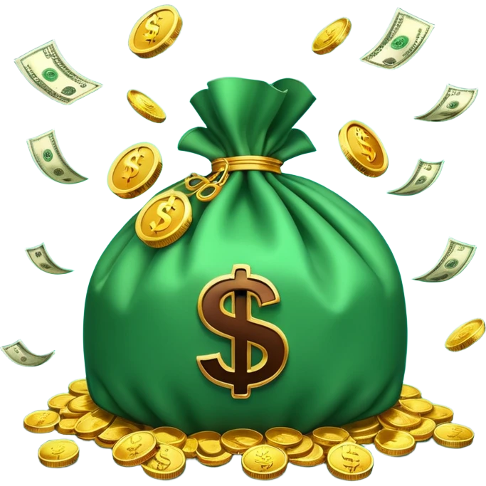 

3D emoji style, big bag of money, flying dollar bills, rich casino vibe, smooth lighting, high detail, clean edges, transparent background



 emoji