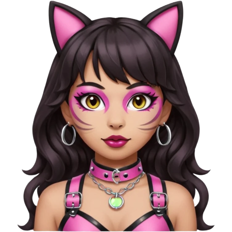 Add a pink BDSM-inspired harness with a silver O-ring. Keep bangs, bold makeup, light-medium Hispanic skin tone, long dark wavy hair, and cat ears. Remove any apple or bow elements. Style: apple emoji style, transparent background. emoji