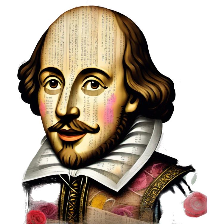 Shakespeare made of newspaper cuttings wearing flowers, stained glass, fairy lights, bokeh, annotated sketch, handwritten letters, collage of intricate patterns, roses flowers emoji
