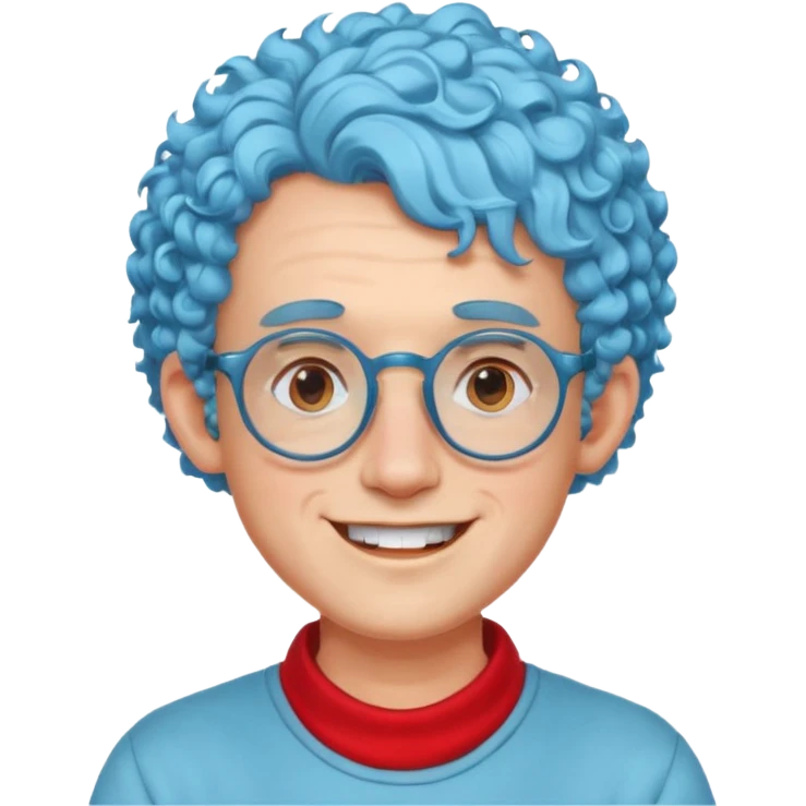 light blue haired man curly hair with big ears and red earrings and spectacles happy emoji