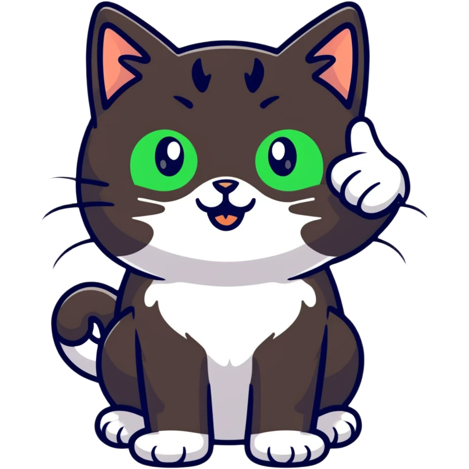 tricolor fluffy cat with big green eyes giving thumbs up emoji
