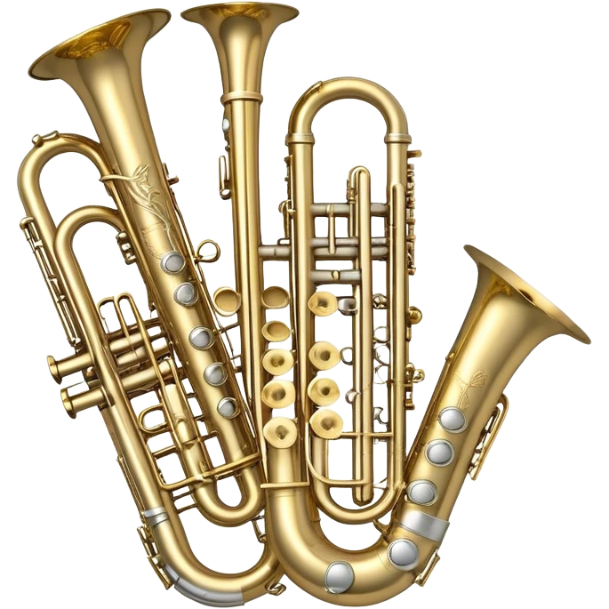 Create a complex, festive, and professional emblem-like emoji representing wind instruments. The design should resemble a heraldic crest, featuring iconic brass and woodwind instruments such as a trumpet, saxophone, clarinet, flute, trombone, and tuba, symmetrically arranged in a balanced composition. A flowing ribbon of musical notes should elegantly weave around the instruments, intertwining with their curves, bells, and mouthpieces, creating a dynamic and harmonious effect. The instruments should have rich metallic tones—gold for brass and silver for woodwinds—with polished highlights and intricate details on the keys and valves. Decorative elements such as elegant scrollwork, laurels, or subtle engravings should enhance the grandeur of the design, making it look celebratory and prestigious. The overall composition should be visually complete, refined, and suitable as a standalone emblem. The background should be transparent. emoji