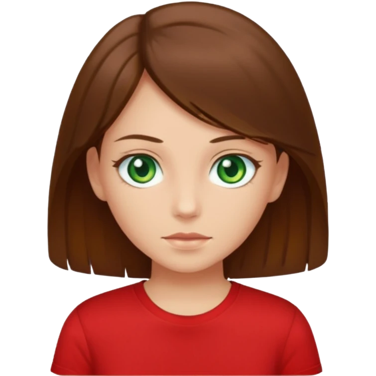 a girl with brown strait hair and has green eyes has a red t-shirt  emoji