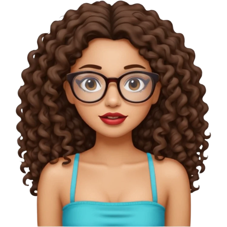 Latina girl with long curly brunette hair slim face and glasses with big lipswearing a tube top emoji