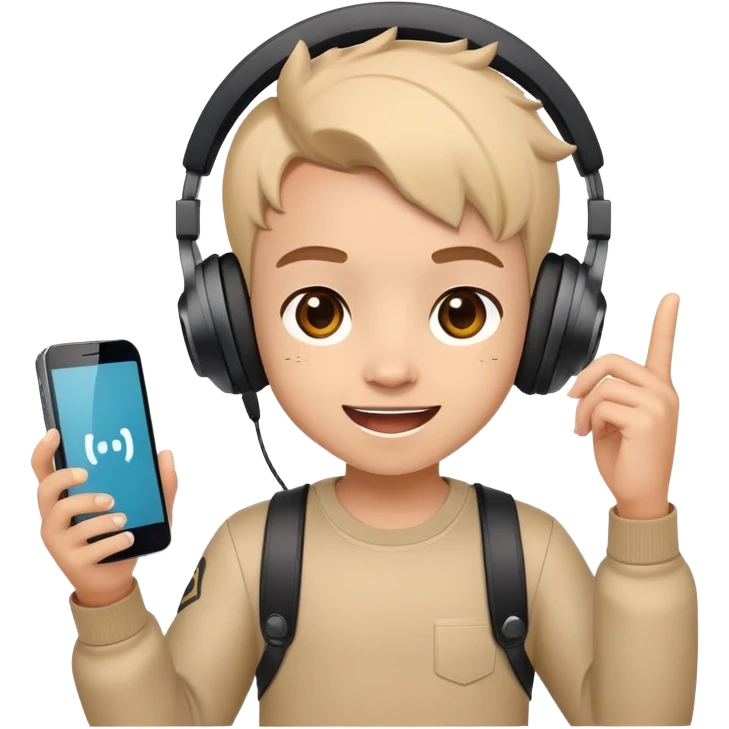 Cute cartoon character with gaming headset holding a mobile phone playing Free Fire, with excited eyes and happy expression emoji