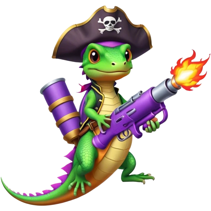 lizard with fire gun pirat riding purple rocketin hands emoji
