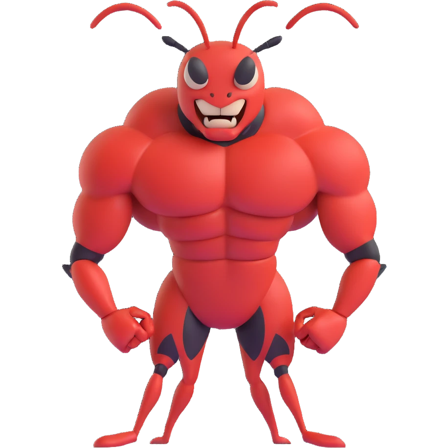 a brave ant, flexing its muscles, looking determined emoji