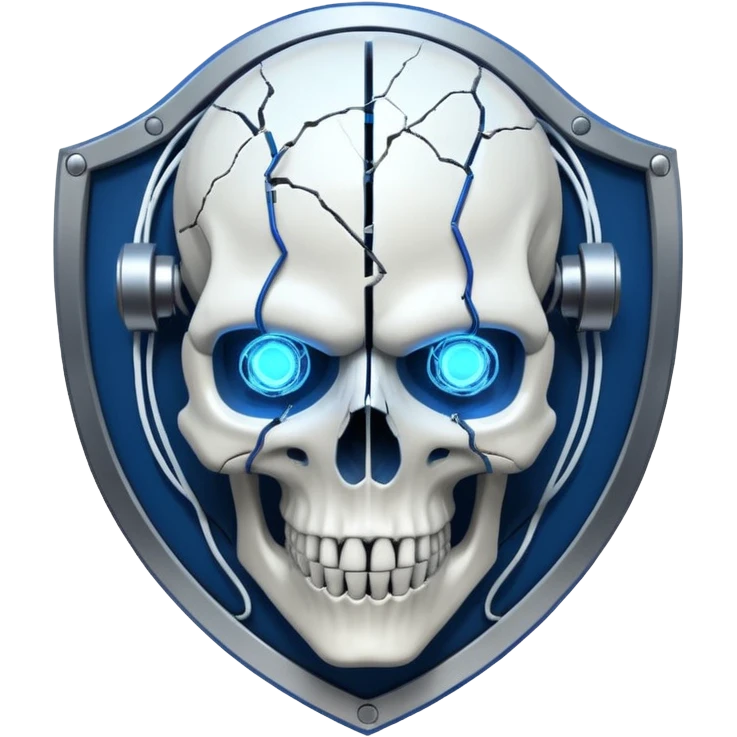Cyberpunk shield, skull with cybernetic implants, glowing wires, dark electric blue and white tones, no background emoji