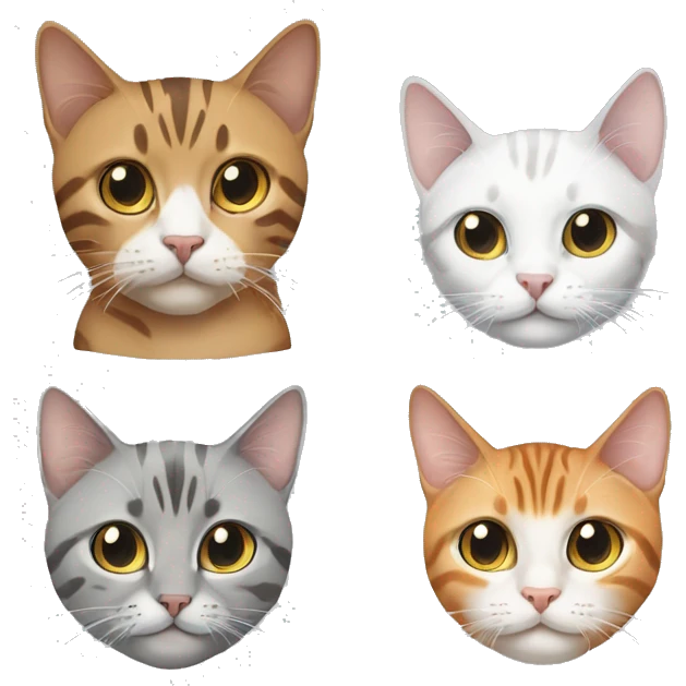 Three Cats, a british short hair in light grey, a bengal and a white sibirian cat emoji