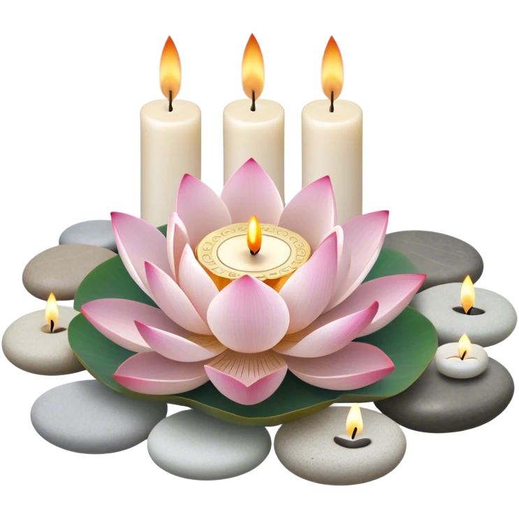 A photorealistic icon featuring lotus flowers, burning incense sticks, smooth round sea stones, and multiple small round candles arranged in a calming, tranquil setting. Soft, peaceful colors with detailed textures that evoke mindfulness and inner peace. Transparent background. emoji