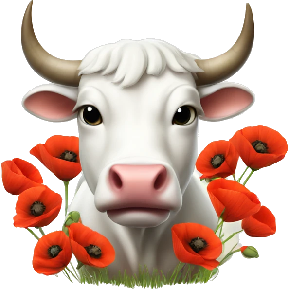 Realistic cute White Bull Ox with many poppies on big horns emoji