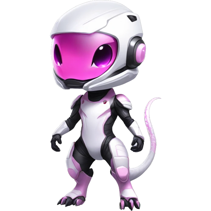 White, Chibi, White body, Anthro-Sona-Lizard-Alien-Salazzle-Mew-Fakémon, with pink eyes, with a futuristic visor-helmet, techwear suit, Full Body emoji