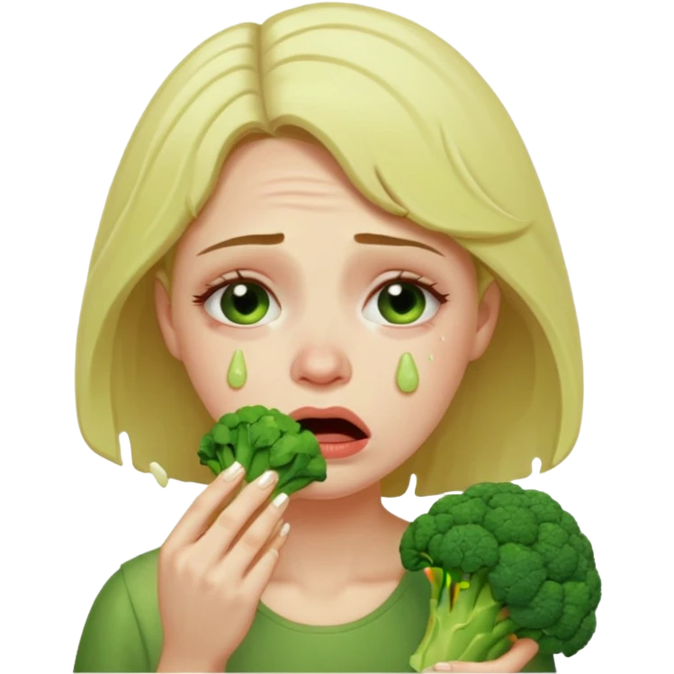 Woman crying eating broccoli emoji