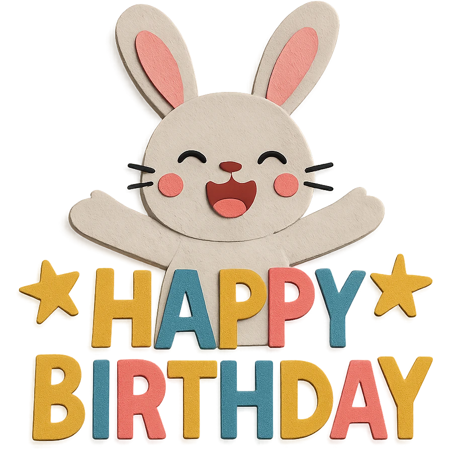 laughing bunny hugging "Happy Birthday" letters with stars, paper craft style, textured paper, layered emoji