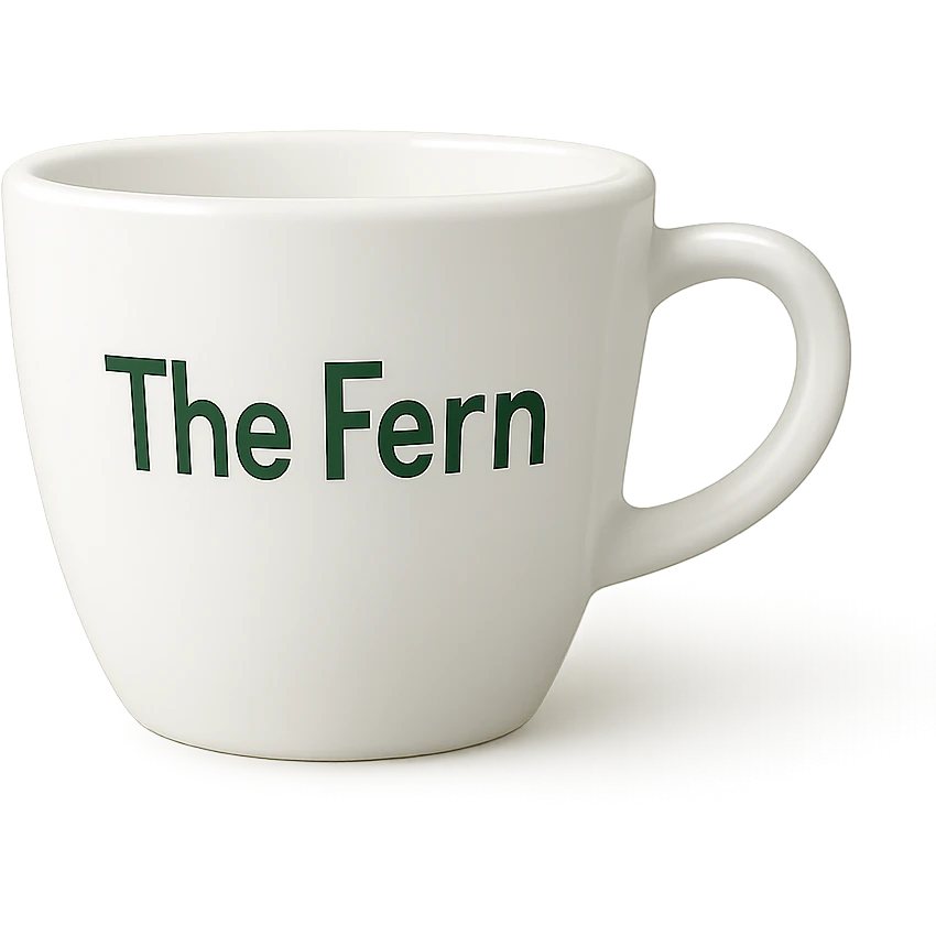 white coffee cup with 'The Fern' written on it in a friendly, modern font, minimal and clean style emoji