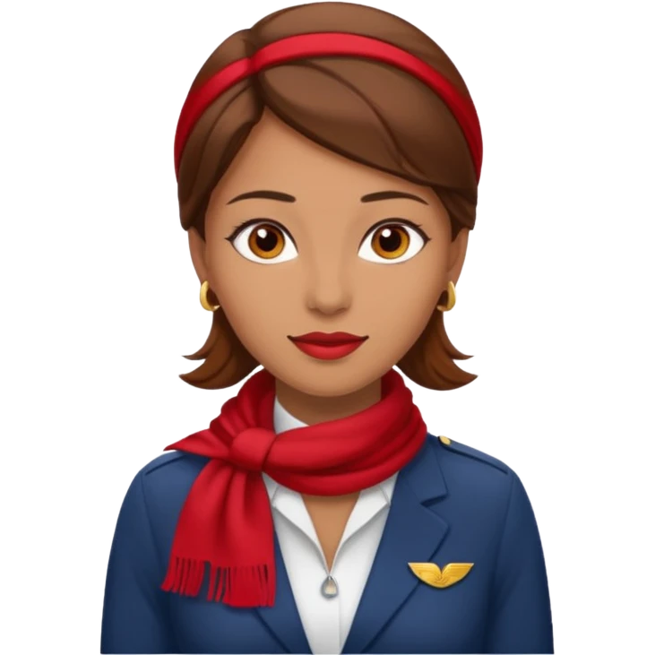 Female flight attendant, with red scarf, white shirt, brown hair, brown eyes, iOS emoji-type face emoji