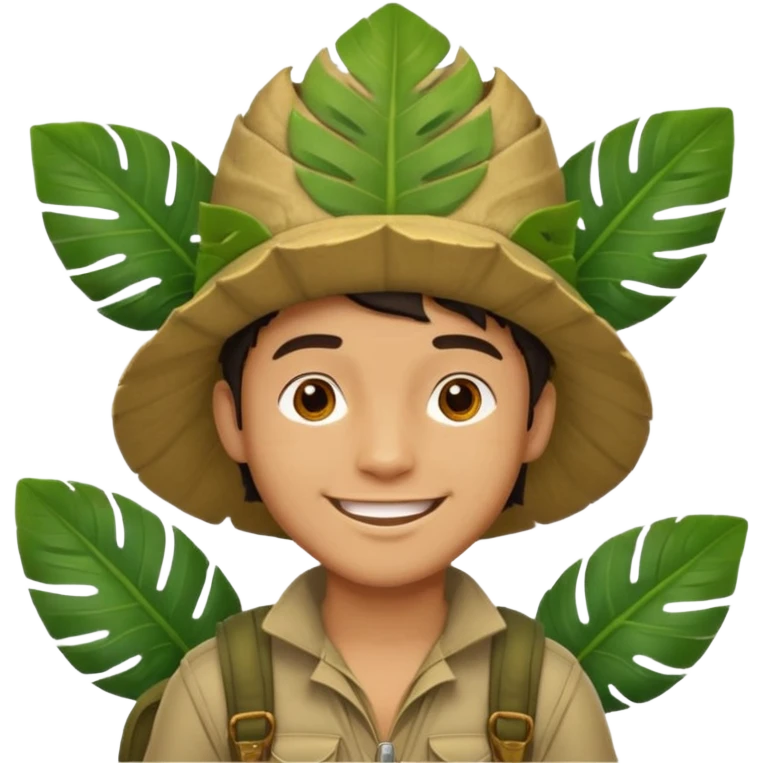 a young man explorer with jungle wearing a large leaf headgear bye  emoji