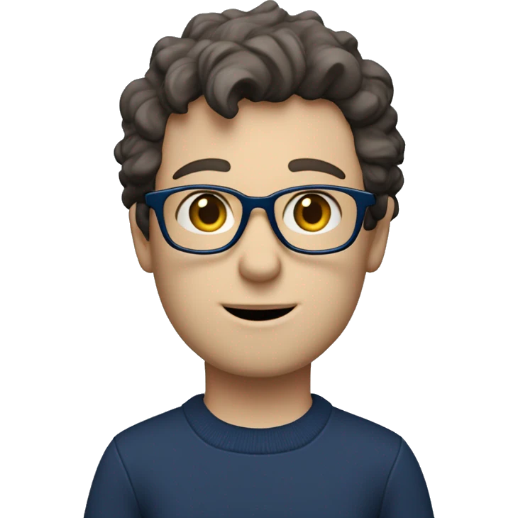 caucasian white boy with dark wavy  hair, blue glasses, and carrying design paper plan because he is an architect carrying a pencil and a set model maquette. wearing a navy blue long sleeve sweater shirt. smart.  emoji